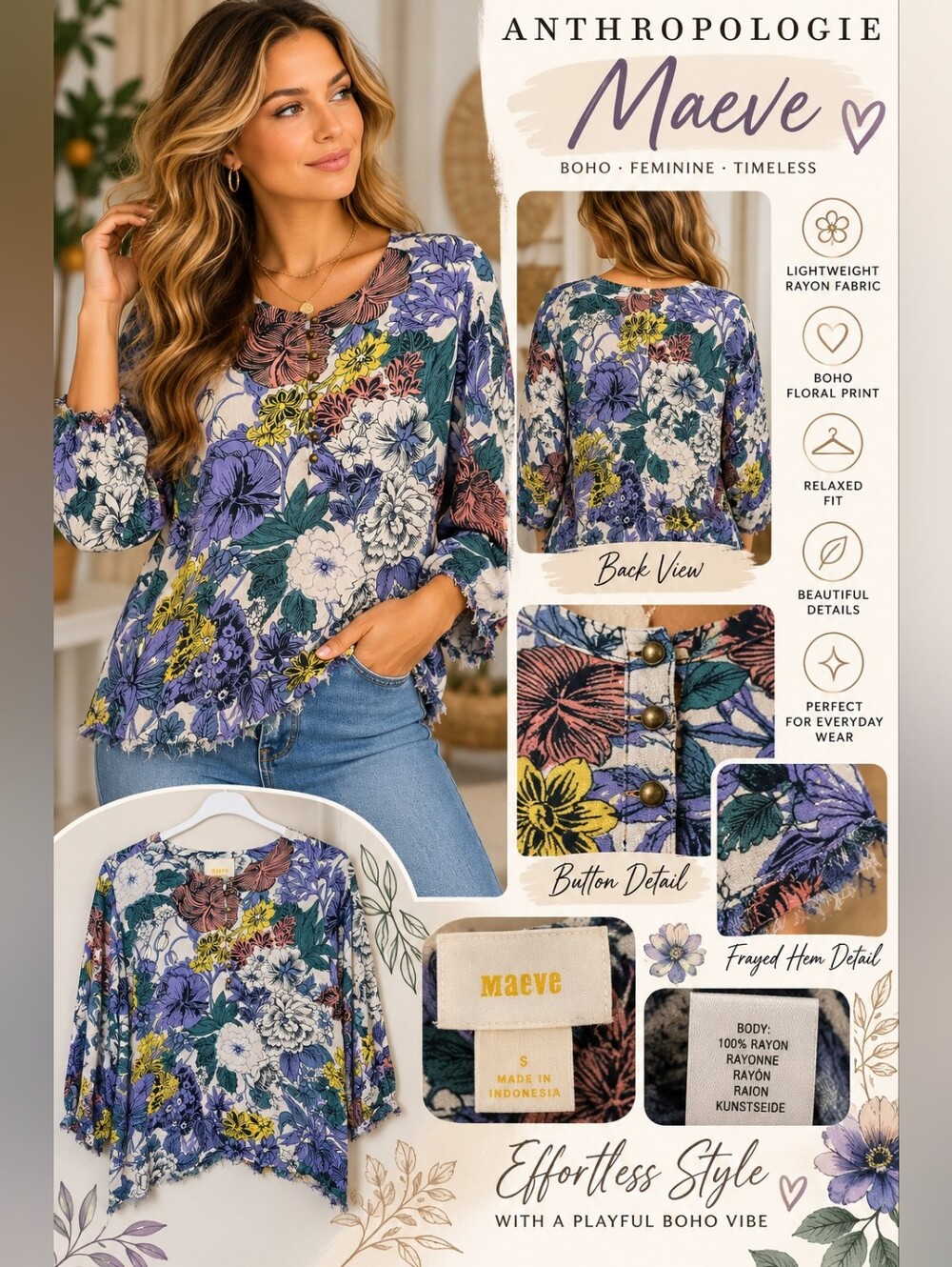 Maeve Floral Lightweight Rayon Blouse - Purple, White, Green, Yellow